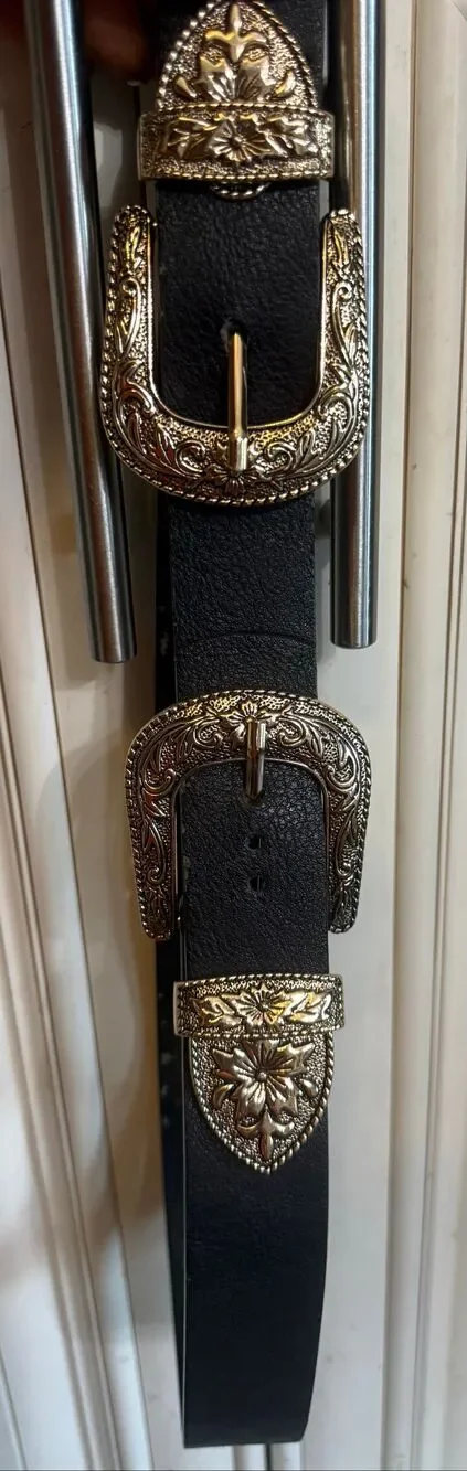 Western Equestrian Women's Beautiful Statement Double Buckle Black Suede Belt